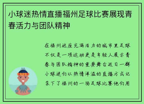 小球迷热情直播福州足球比赛展现青春活力与团队精神