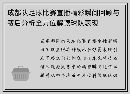 成都队足球比赛直播精彩瞬间回顾与赛后分析全方位解读球队表现